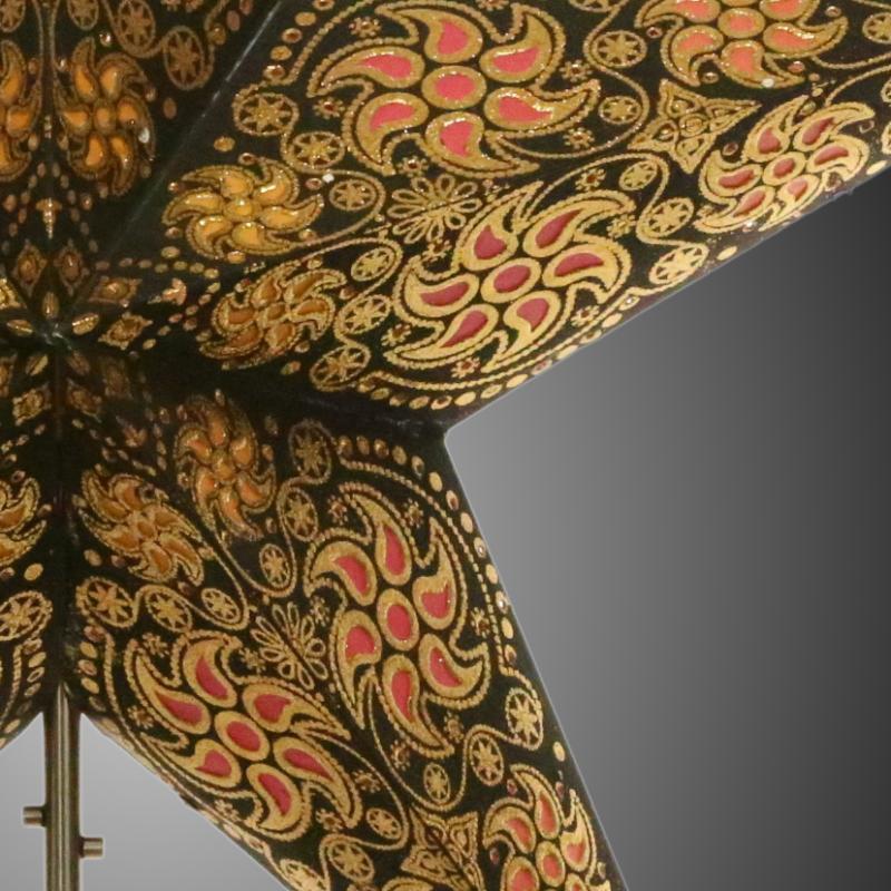 Madras schwarz Glitter  - Faltbarer Leuchtstern, Weihnachtsstern aus Papier mit 5 Zacken, 60 cm